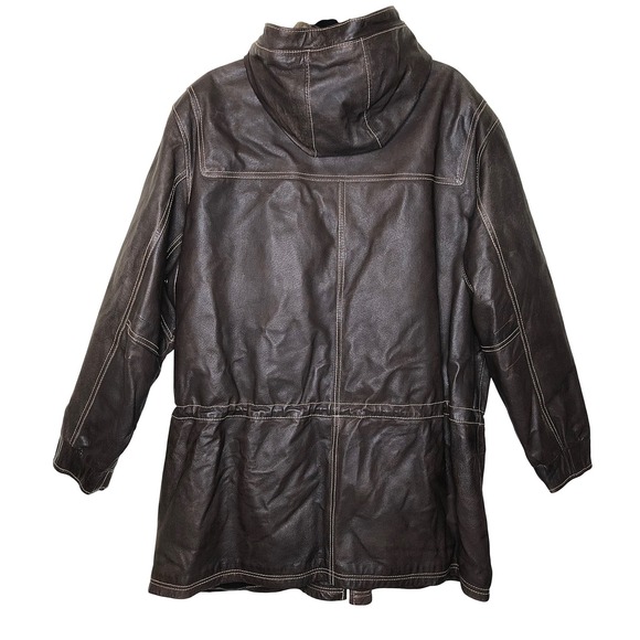 VTG Scandia Woods Brown Leather Hooded Parka Jacket XXL Full Zip Pockets Lined - Picture 3 of 16